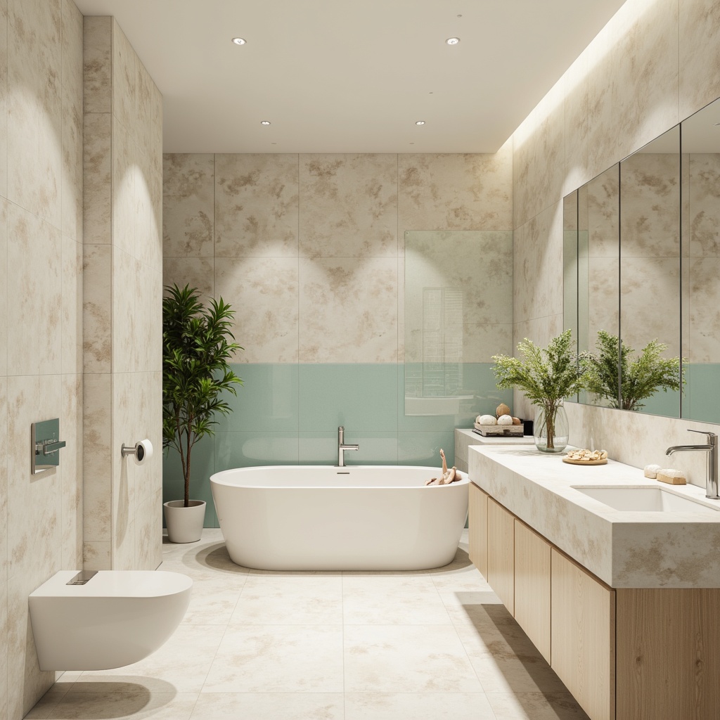 Prompt: Calm bathroom atmosphere, soft pastel hues, creamy whites, warm beige tones, gentle turquoise accents, natural stone textures, glass tile reflections, chrome fixtures, modern minimalist aesthetic, recessed lighting, subtle gradient effects, soothing ambiance, relaxing mood, spa-inspired retreat.