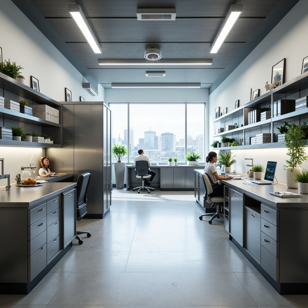 Prompt: Simple laboratory interior, minimalist decor, clean lines, industrial aesthetic, neutral color palette, softbox lighting, overhead LED strips, subtle shadows, reflective metal surfaces, glass partitions, stainless steel equipment, modern furniture, ergonomic chairs, clutter-free workstations, natural materials, recycled textures, ambient occlusion, shallow depth of field, 1/1 composition, realistic renderings.