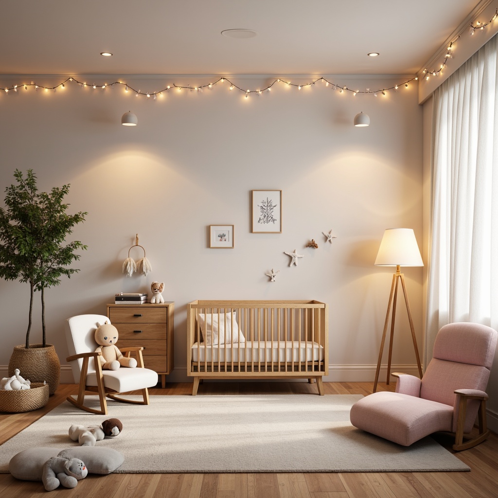 Prompt: Cozy baby nursery, soft pastel colors, plush toys, gentle warm lighting, table lamps, floor lamps, string lights, mobiles, crib, changing station, comfortable glider, natural wood furniture, white cotton curtains, subtle textures, shallow depth of field, 1/1 composition, warm color temperature, softbox lighting, ambient occlusion.