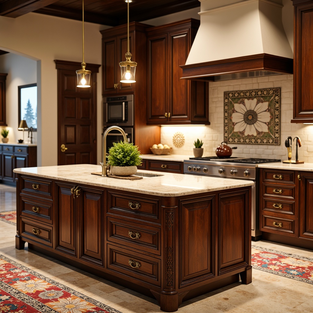 Prompt: \Elegant kitchen island, ornate carvings, intricate cabinetry, metallic hardware, marble countertops, soft-close drawers, pendant lighting, natural stone backsplash, warm beige walls, rich wood tones, decorative tilework, Moroccan-inspired patterns, vibrant colorful textiles, ambient warm lighting, shallow depth of field, 1/1 composition, realistic textures, subtle reflections.\Please let me know if this meets your requirements!