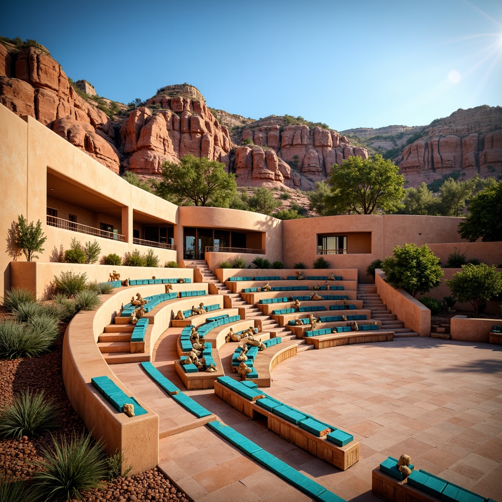 Prompt: Southwestern amphitheater, tiered seating arrangement, vibrant turquoise accents, rustic wooden benches, comfortable cushions, ornate metal railings, adobe-inspired architecture, warm sandy colors, desert landscape, clear blue sky, dramatic rock formations, lush greenery, natural stone walls, earthy tones, cozy ambiance, soft warm lighting, shallow depth of field, 3/4 composition, panoramic view, realistic textures, ambient occlusion.