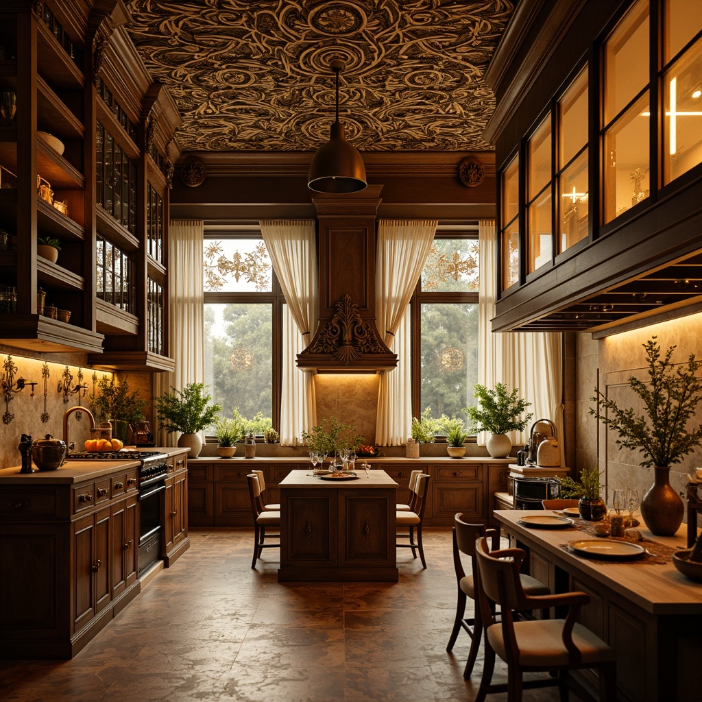 Prompt: Elegant kitchen, ornate metalwork, flowing curves, botanical patterns, warm golden lighting, intricate glass fixtures, organic shapes, luxurious materials, rich wood tones, ornamental details, soft ambient glow, shallow depth of field, 1/1 composition, realistic textures, ambient occlusion.