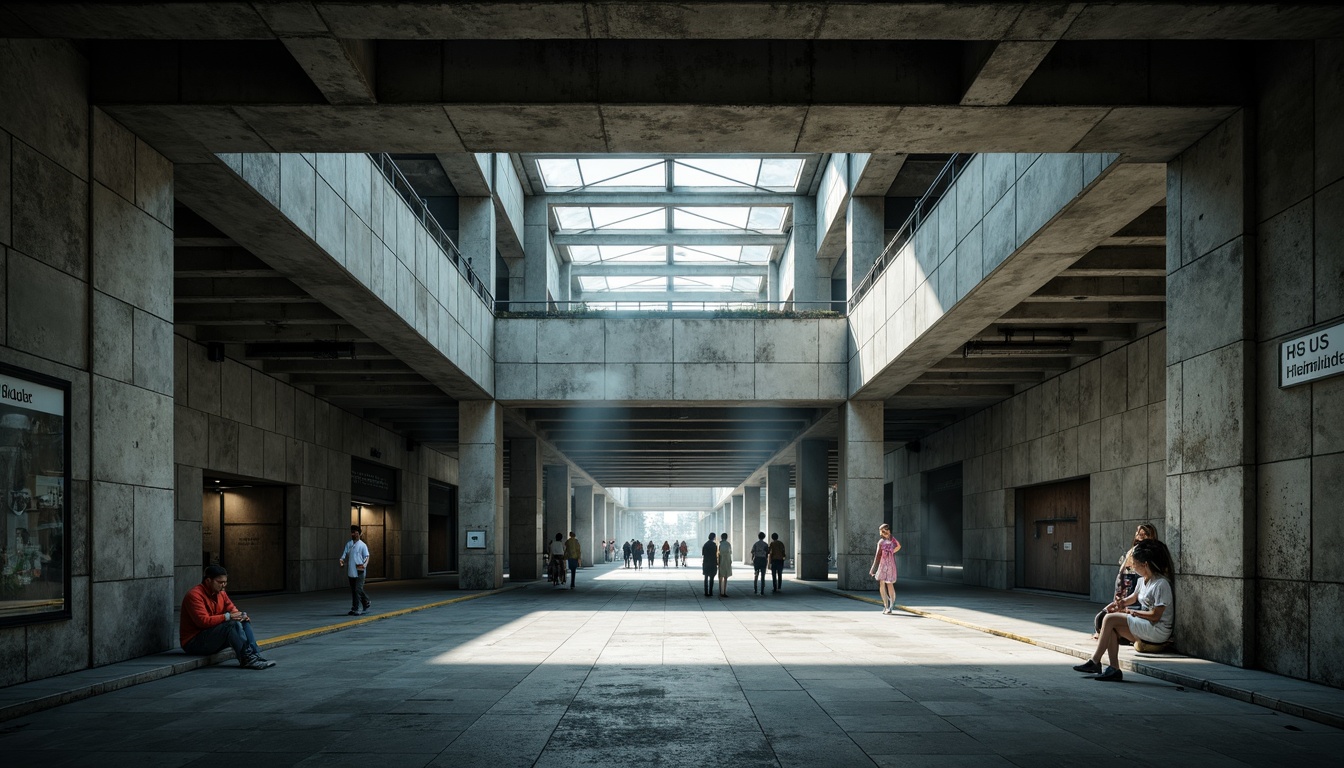 Prompt: Rugged metro station interior, brutalist architecture, exposed concrete walls, raw unfinished textures, industrial metal beams, minimalist lighting, functional urban atmosphere, busy pedestrian traffic, modern transportation hub, stark color palette, dramatic shadow play, high-contrast lighting, dynamic angular composition, realistic render, atmospheric mist, cool neutral tones.