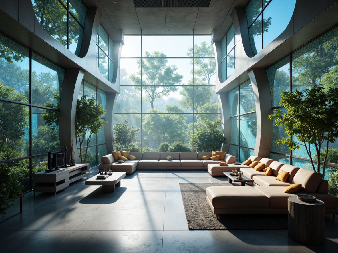 Prompt: Futuristic sunroom interior, gleaming metallic surfaces, iridescent glass walls, polished chrome accents, textured concrete floors, luxurious velvet sofas, holographic LED lighting, ambient misting systems, atmospheric fog effects, soft diffused natural light, shallow depth of field, 3/4 composition, cinematic camera angles, high-tech gadgetry, minimalist decor, sustainable energy harvesting systems, eco-friendly materials, innovative climate control technologies, futuristic soundscapes.