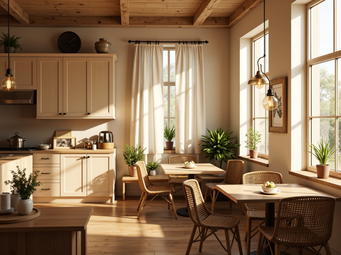 Prompt: Cozy breakfast nook, warm beige walls, soft cream-colored cabinets, rustic wooden tables, woven wicker chairs, pendant lamps, industrial metal shades, Edison bulb fixtures, farmhouse-style chandeliers, natural linen curtains, warm sunny mornings, soft golden lighting, shallow depth of field, 1/1 composition, realistic textures, ambient occlusion.