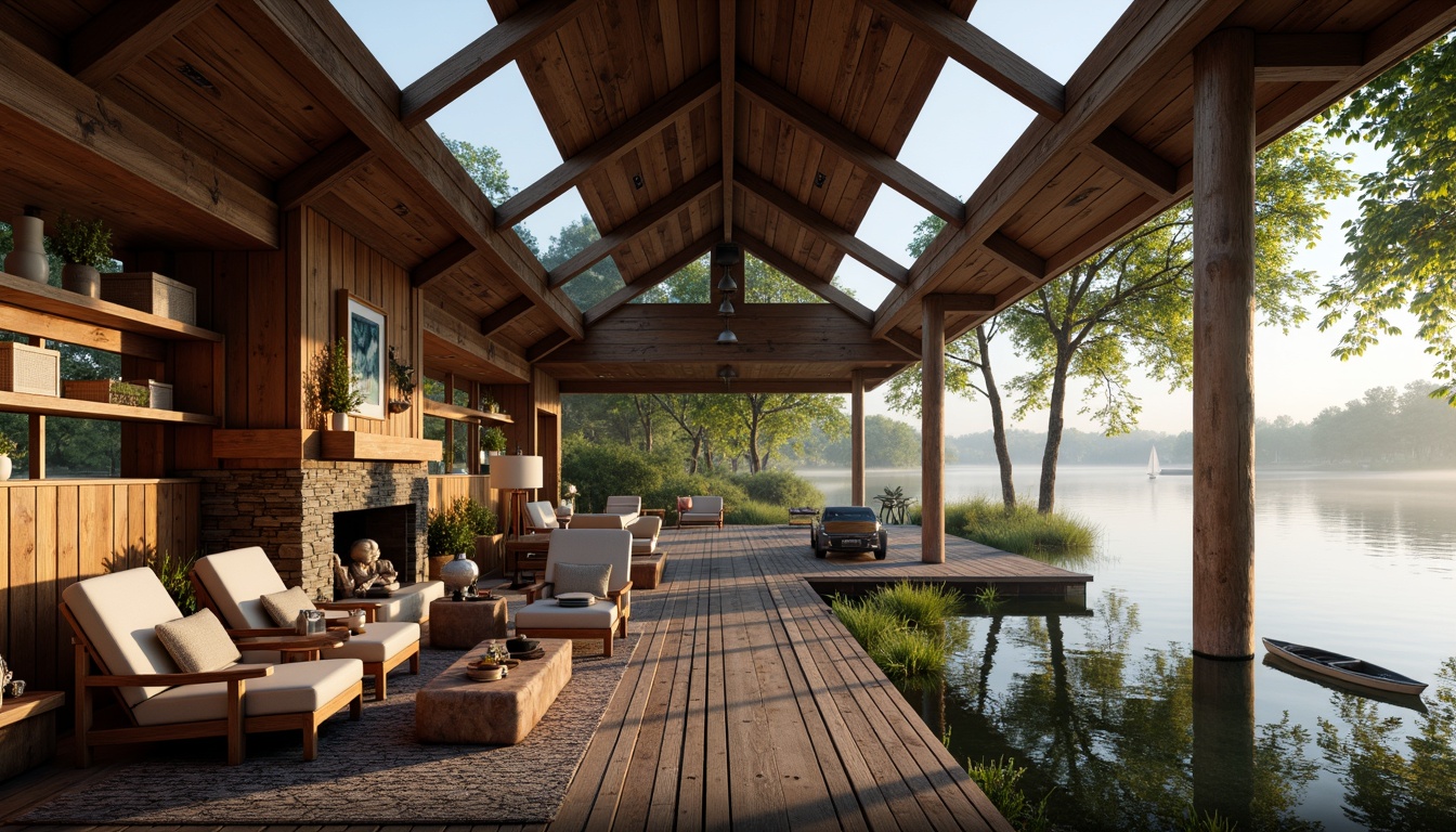 Prompt: Rustic boathouse, wooden dock, serene lake views, warm natural light, clerestory windows, skylights, earthy tones, wooden beams, stone fireplaces, cozy nooks, plush furnishings, nautical accents, vintage boats, lush greenery, overhanging trees, misty mornings, soft diffused lighting, 1/1 composition, realistic textures, ambient occlusion.