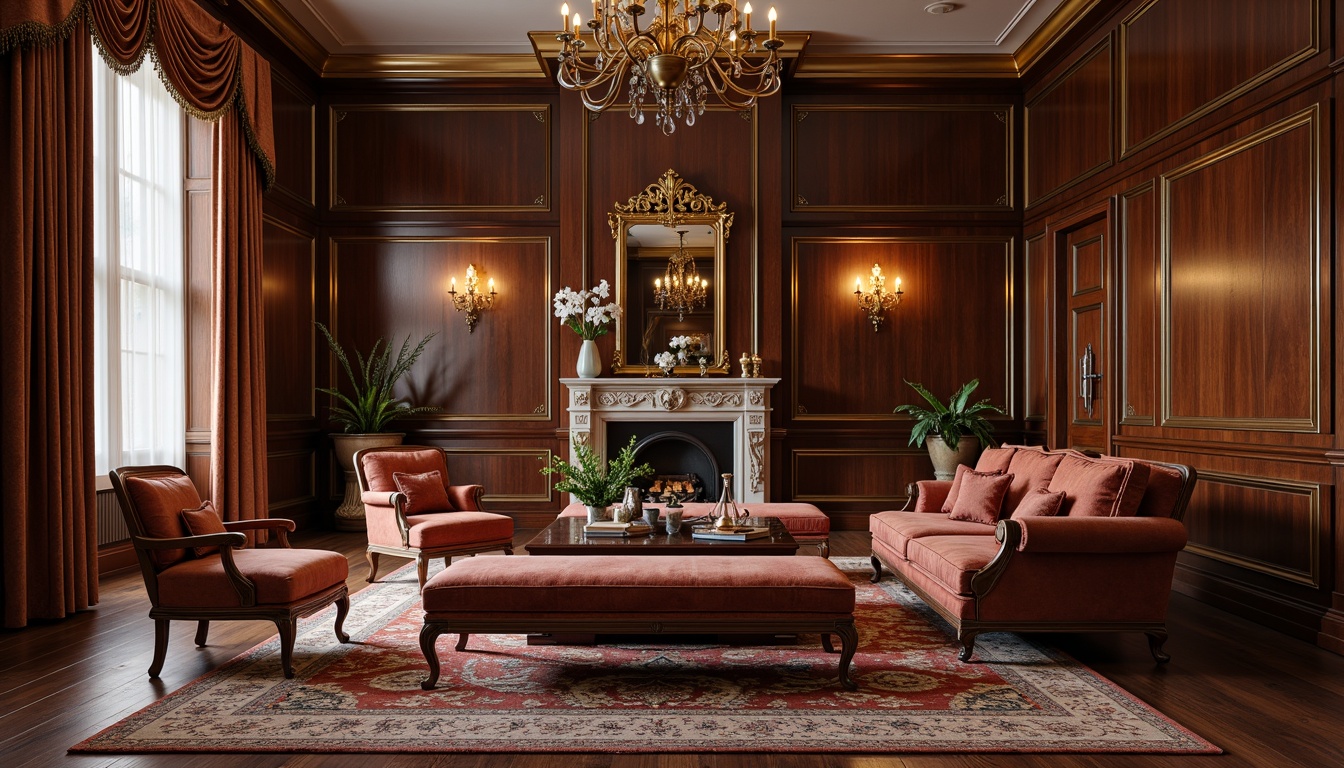 Prompt: Elegant mahogany furniture, ornate carvings, gilded accents, velvet upholstery, tufted ottomans, refined lines, symmetrical compositions, luxurious fabrics, intricate moldings, stately proportions, sophisticated color palette, rich wood tones, subtle sheen, soft warm lighting, shallow depth of field, 1/1 composition, realistic textures, ambient occlusion.