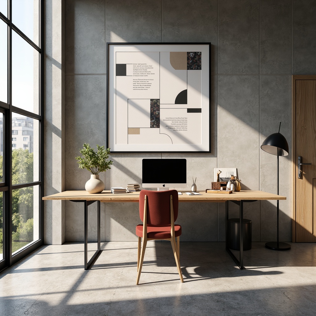 Prompt: Minimalist home office, streamline modern furniture, wooden desk, ergonomic chair, sleek metal legs, geometric patterns, abstract artwork, industrial chic decor, concrete walls, polished floor, natural light pouring in, 1/1 composition, softbox lighting, shallow depth of field, realistic textures, ambient occlusion.