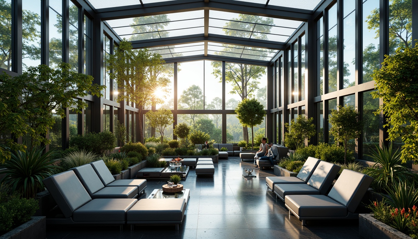 Prompt: Futuristic sunroom, sleek metal frames, floor-to-ceiling glass walls, transparent roof, abundant natural light, vibrant greenery, lush plants, misting systems, soft warm ambiance, ambient occlusion, shallow depth of field, 3/4 composition, panoramic view, realistic textures, metallic surfaces, polished chrome accents, matte black details, translucent glass tables, ergonomic chairs, minimalist decor, futuristic furniture design, innovative materials, iridescent fabrics, holographic patterns, neon-lit color schemes.