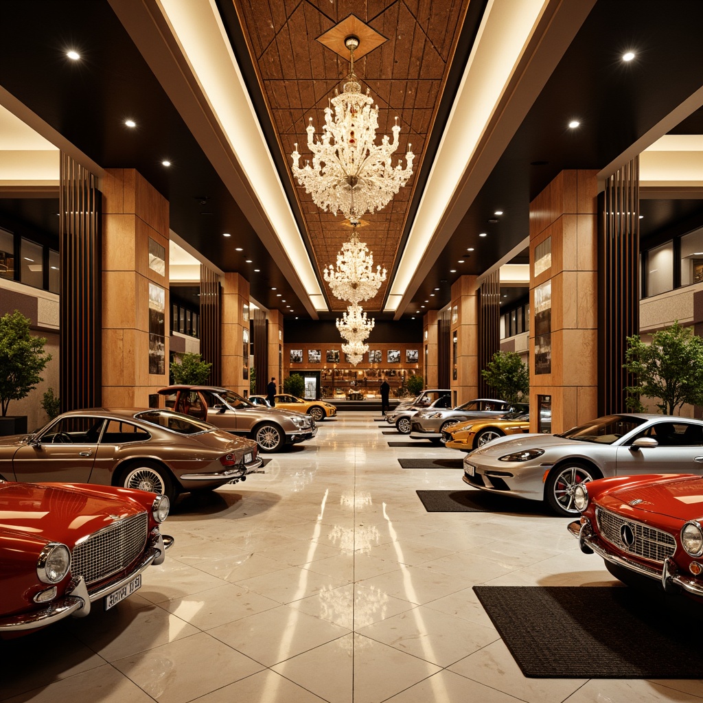 Prompt: Luxurious family garage, Art Deco style, bold geometric patterns, metallic accents, rich wood tones, sleek lines, ornate details, vintage car displays, polished chrome fixtures, soft warm lighting, high ceilings, spacious interior, decorative mirrors, elegant chandeliers, marble floors, sophisticated color schemes, 1920s-inspired motifs, glamorous atmosphere, shallow depth of field, central composition, symmetrical balance, realistic textures.