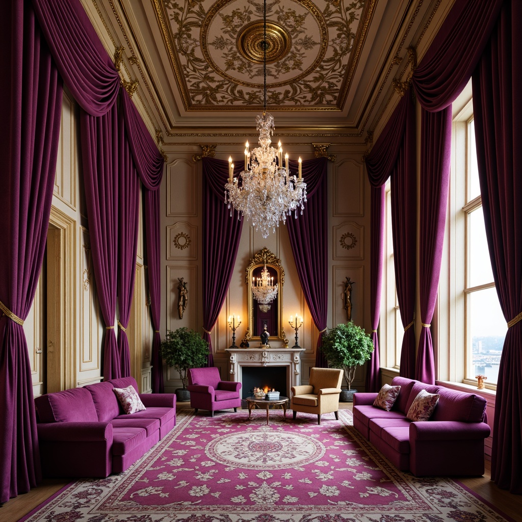 Prompt: Opulent velvet drapes, intricately patterned silk fabrics, lavish gold embroidery, ornate wooden furniture, carved gilded frames, richly textured tapestries, majestic crystal chandeliers, dramatic floor-to-ceiling curtains, regal purple hues, luxurious cream tones, soft warm candlelight, shallow depth of field, 1/1 composition, symmetrical arrangement, ornate mirror reflections, highly detailed textures, ambient occlusion.