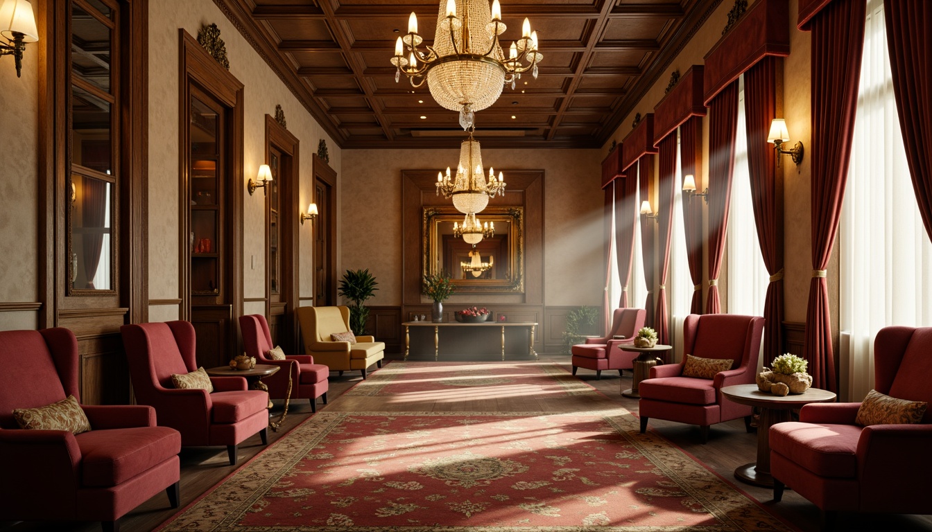 Prompt: Velvety red armchairs, distressed wooden frames, soft golden lighting, ornate bronze accents, luxurious velvet drapes, faded floral patterns, antique gold embroidery, plush cushions, rustic wooden floors, vintage-inspired lamp shades, warm beige walls, elegant crystal chandeliers, refined tufted upholstery, sophisticated neutral tones, subtle sheen fabrics, atmospheric misty effects, 1/1 composition, soft focus blur, cinematic color grading.