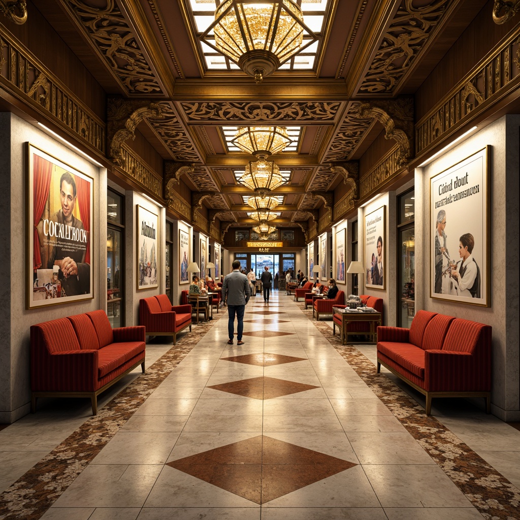 Prompt: Luxurious bus station, ornate metalwork, polished chrome accents, geometric marble floors, richly patterned textiles, velvet upholstery, glamorous lighting fixtures, intricate moldings, opulent chandeliers, sleek limestone walls, lavish bronze details, sophisticated signage, vintage-inspired posters, warm golden illumination, shallow depth of field, 1/1 composition, symmetrical framing, realistic reflections.