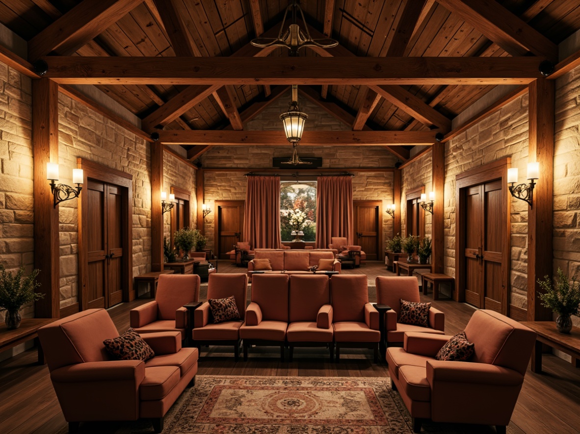 Prompt: Rustic farmhouse theater, vintage wooden accents, reclaimed barn doors, distressed metal beams, plush velvet seats, rich brown leather armchairs, ornate antique lighting fixtures, natural stone walls, earthy color palette, cozy intimate atmosphere, warm golden lighting, shallow depth of field, 1/2 composition, symmetrical arrangement, elegant curves, luxurious textiles, soft cushions, wooden benches, rustic metal frames, lantern-style lamps, candlelit ambiance, relaxed seating layout.