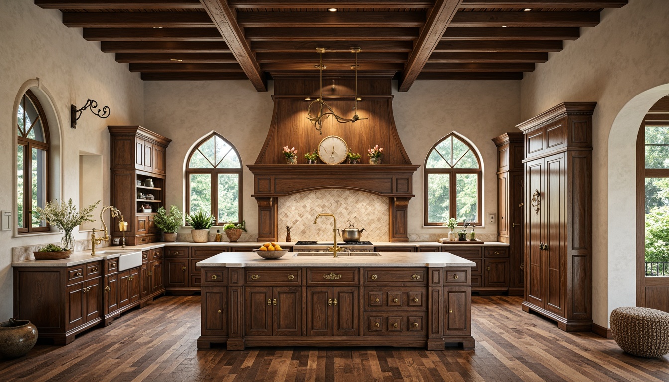 Prompt: Elegant kitchen island, ornate cabinetry, lavish gold hardware, marble countertops, intricate tile backsplashes, vintage-inspired appliances, rustic wooden floors, warm ambient lighting, soft focus, shallow depth of field, 1/1 composition, realistic textures, ambient occlusion, French country-style motifs, Moroccan-inspired geometric patterns, floral accents, subtle color palette, natural stone walls, Mediterranean-style archways.