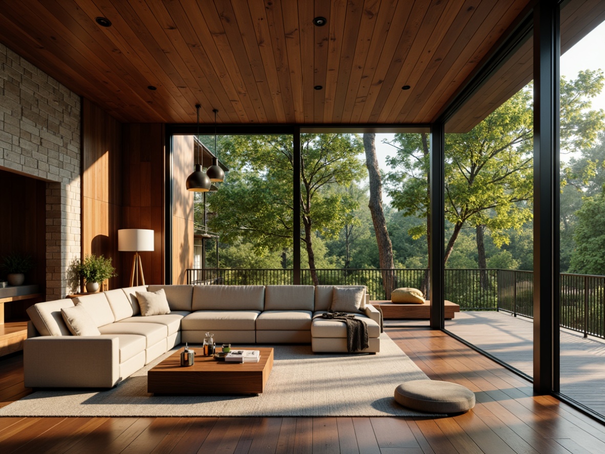 Prompt: Warm mid-century modern living room, natural materials, wooden flooring, stone walls, floor-to-ceiling windows, sliding glass doors, lush greenery, warm soft lighting, table lamps, pendant lights, ambient glow, subtle shadows, 1/1 composition, realistic textures, shallow depth of field, panoramic view.