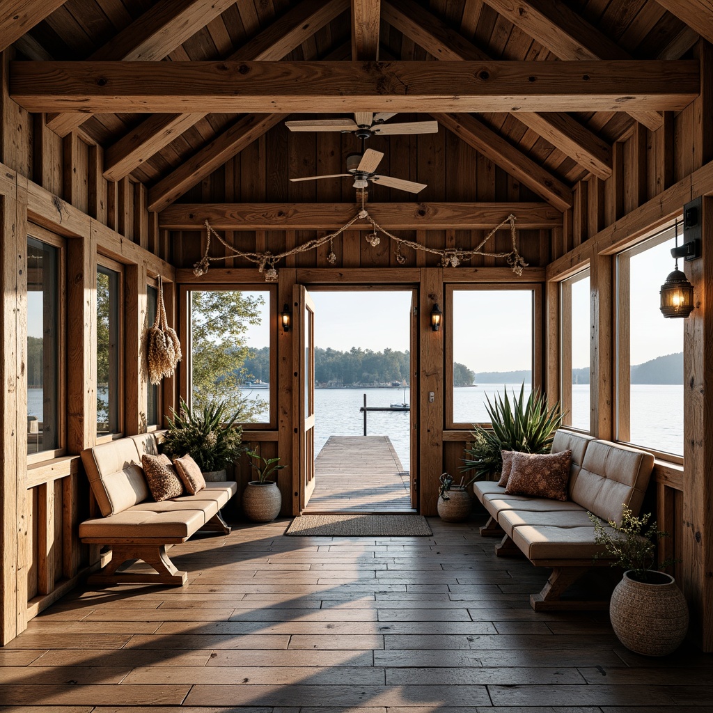 Prompt: Rustic boathouse, wooden docks, weathered planks, nautical ropes, vintage boat wheels, wooden oars, fishing nets, seashells, driftwood decorations, natural wood textures, earthy color palette, warm soft lighting, cozy interior spaces, wooden furniture, handmade craftsman details, ornate wooden carvings, marine-inspired accents, ocean views, serene lakeside atmosphere, 1/1 composition, shallow depth of field, realistic wood grain, ambient occlusion.