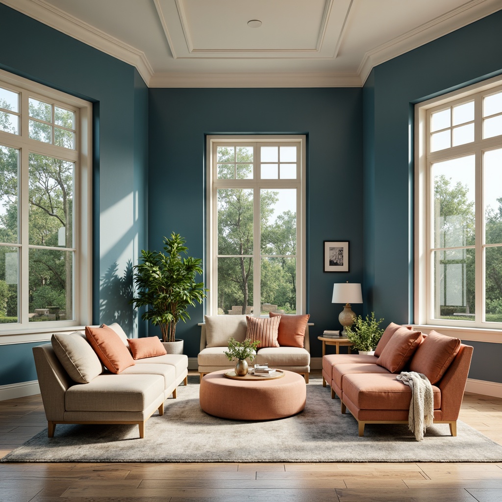 Prompt: Cerulean blue accent walls, creamy white trim, warm beige furniture, soft peach textiles, rich wood tones, elegant gold fixtures, lush greenery, natural stone floors, modern minimalist decor, large windows, abundant natural light, subtle gradient effects, atmospheric misting, shallow depth of field, 1/1 composition, realistic rendering.