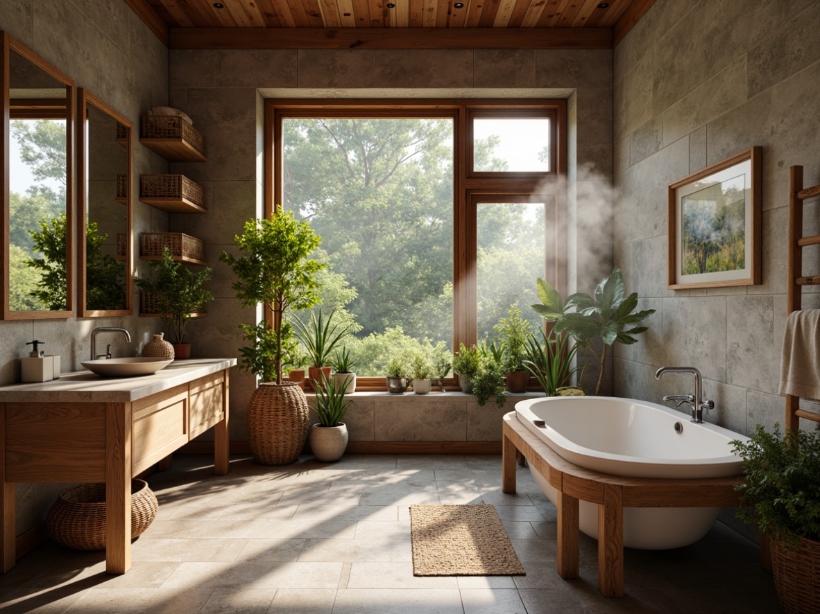 Prompt: Cozy Scandinavian bathroom, natural stone walls, reclaimed wood accents, woven wicker baskets, earthy tone ceramic tiles, minimalist wooden vanity, live edge countertops, organic soap dispensers, rattan storage bins, soft warm lighting, atmospheric steam, misty mirrors, lush greenery, potted plants, wooden ladder towel racks, woven linen towels, nature-inspired artwork, subtle texture contrasts, harmonious color palette, calming ambiance, serene atmosphere.