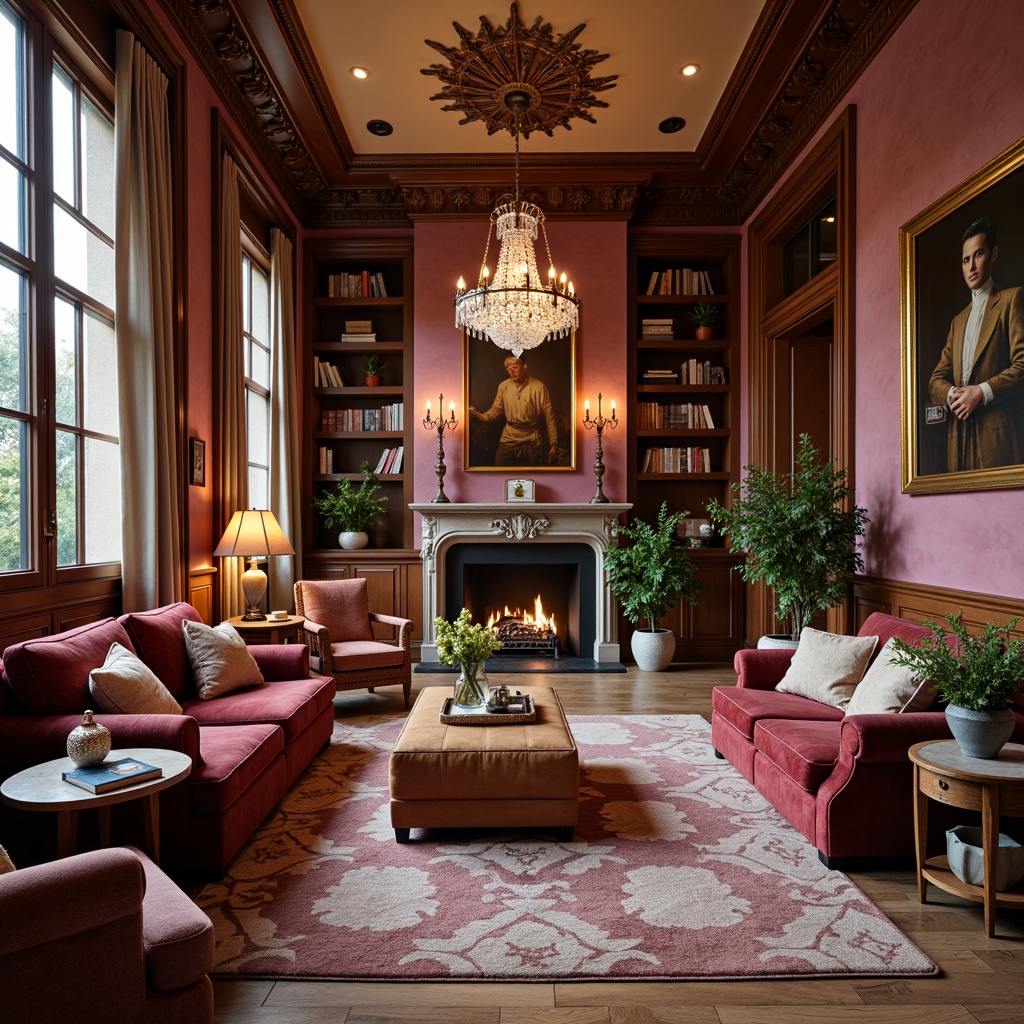 Prompt: Warm mauve walls, rich velvet upholstery, ornate wooden furniture, intricate carvings, luxurious fabrics, soft golden lighting, cozy reading nooks, classic oil paintings, vintage accessories, distressed leather armchairs, elegant crystal chandeliers, traditional architectural details, high ceilings, large windows, natural stone fireplaces, plush mauve area rugs, subtle texture overlays, warm beige accents, sophisticated color harmony, inviting atmosphere, shallow depth of field, 1/1 composition, soft focus blur.