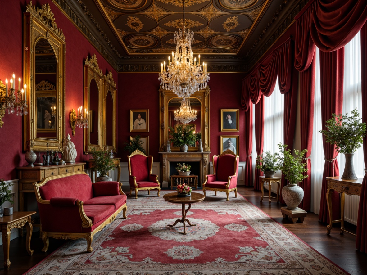 Prompt: Ornate golden frames, luxurious velvet fabrics, richly carved wooden furniture, intricately patterned rugs, lavish crystal chandeliers, ornamental mirrors, antique vases, heavy drapery, regal throne-like chairs, gilded accents, soft warm lighting, shallow depth of field, 2/3 composition, symmetrical balance, highly detailed textures, realistic reflections.