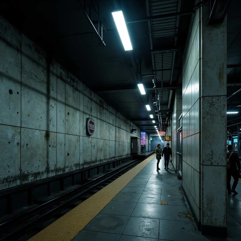 Prompt: Exposed concrete walls, rugged textures, industrial lighting fixtures, raw metal beams, minimal ornamentation, functional design, urban atmosphere, dimly lit platforms, stark shadows, dramatic spotlights, cold color tones, steel columns, brutalist architectural style, metropolitan vibe, busy pedestrian traffic, dynamic movement, fast-paced rhythm, harsh overhead lighting, high-contrast ratios, cinematic mood, gritty realism, desaturated colors, moody ambiance.