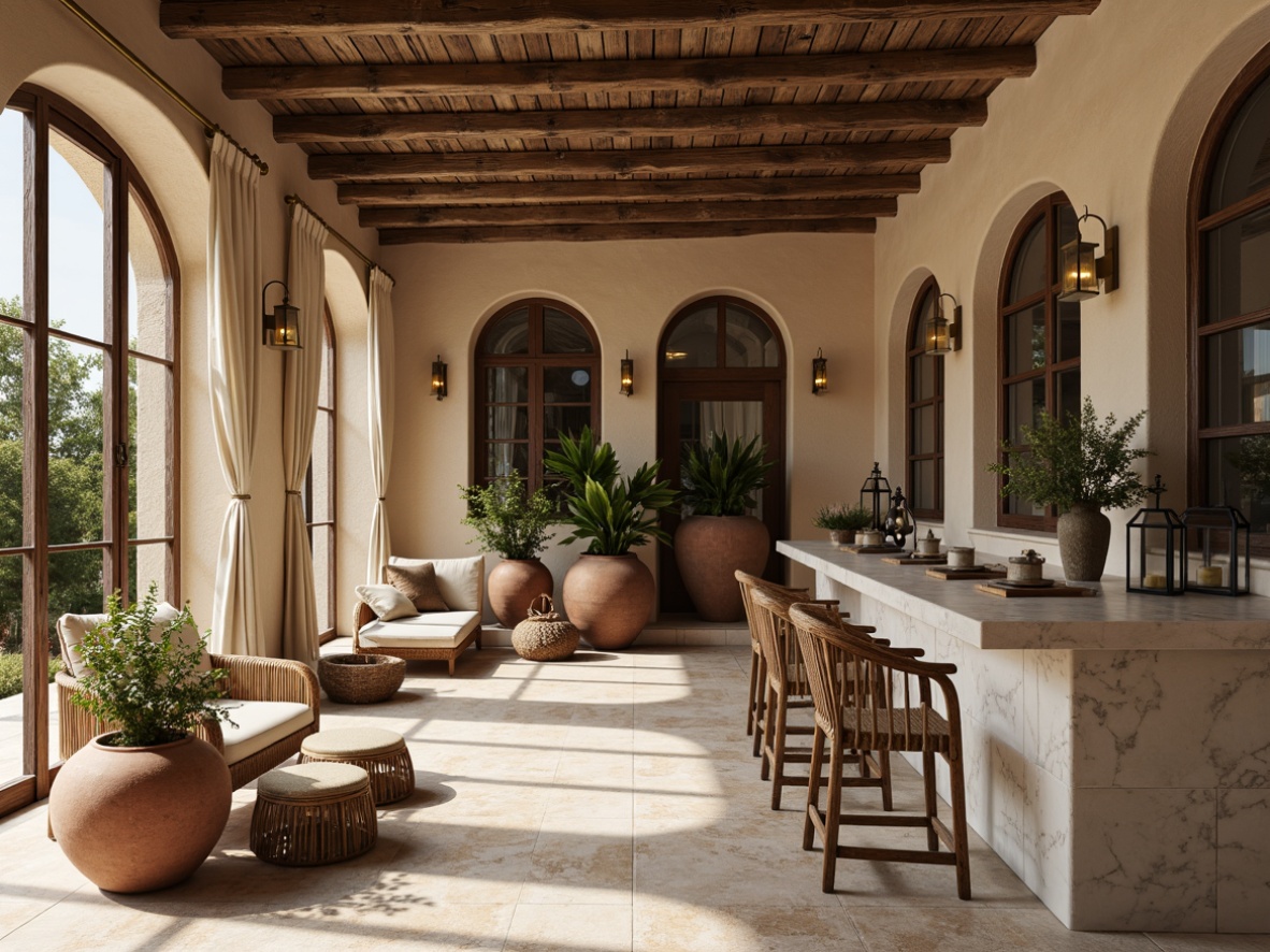 Prompt: Weathered wood accents, natural stone flooring, earthy terracotta pots, lush greenery, warm beige stucco walls, rustic metal lanterns, soft linen drapes, woven rattan furniture, creamy marble countertops, distressed leather upholstery, subtle bronze hardware, warm ambient lighting, shallow depth of field, 3/4 composition, realistic textures, ambient occlusion.