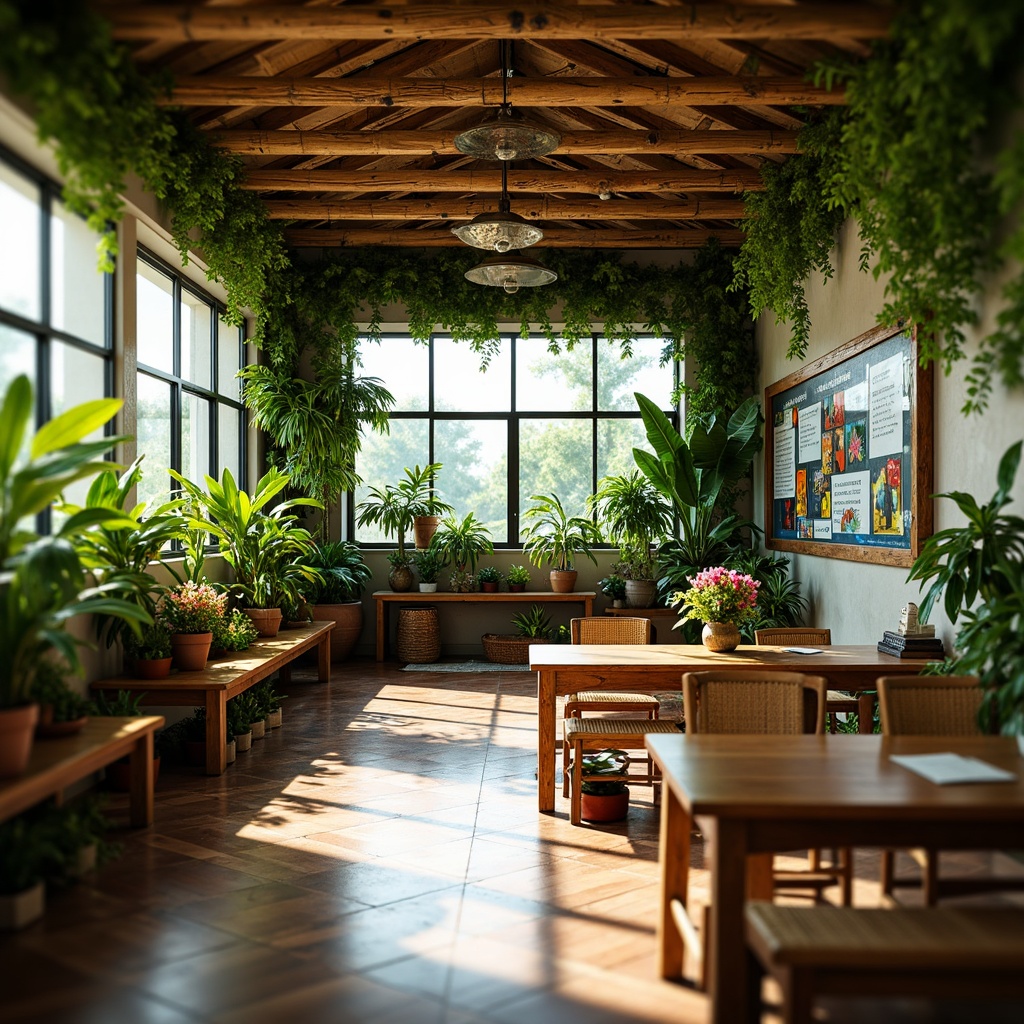 Prompt: Vibrant tropical school interior, lush greenery, exotic plants, natural textures, woven rattan furniture, warm wood accents, colorful ethnic patterns, vibrant flower arrangements, rustic wooden benches, educational posters, interactive display boards, cozy reading nooks, soft diffused lighting, shallow depth of field, 1/2 composition, realistic renderings, ambient occlusion.