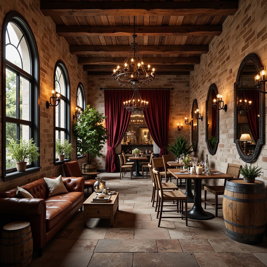 Prompt: Rustic winery interior, reclaimed wood accents, wooden barrels, vintage metalware, earthy color palette, natural stone flooring, wrought iron chandeliers, distressed leather sofas, wooden wine crates, candlelit ambiance, warm cozy lighting, aged brick walls, wooden beam ceilings, farmhouse-style tables, metal lanterns, woven wicker chairs, rich velvet drapes, ornate mirrors, lush greenery, soft warm illumination, 1/2 composition, realistic textures, ambient occlusion.