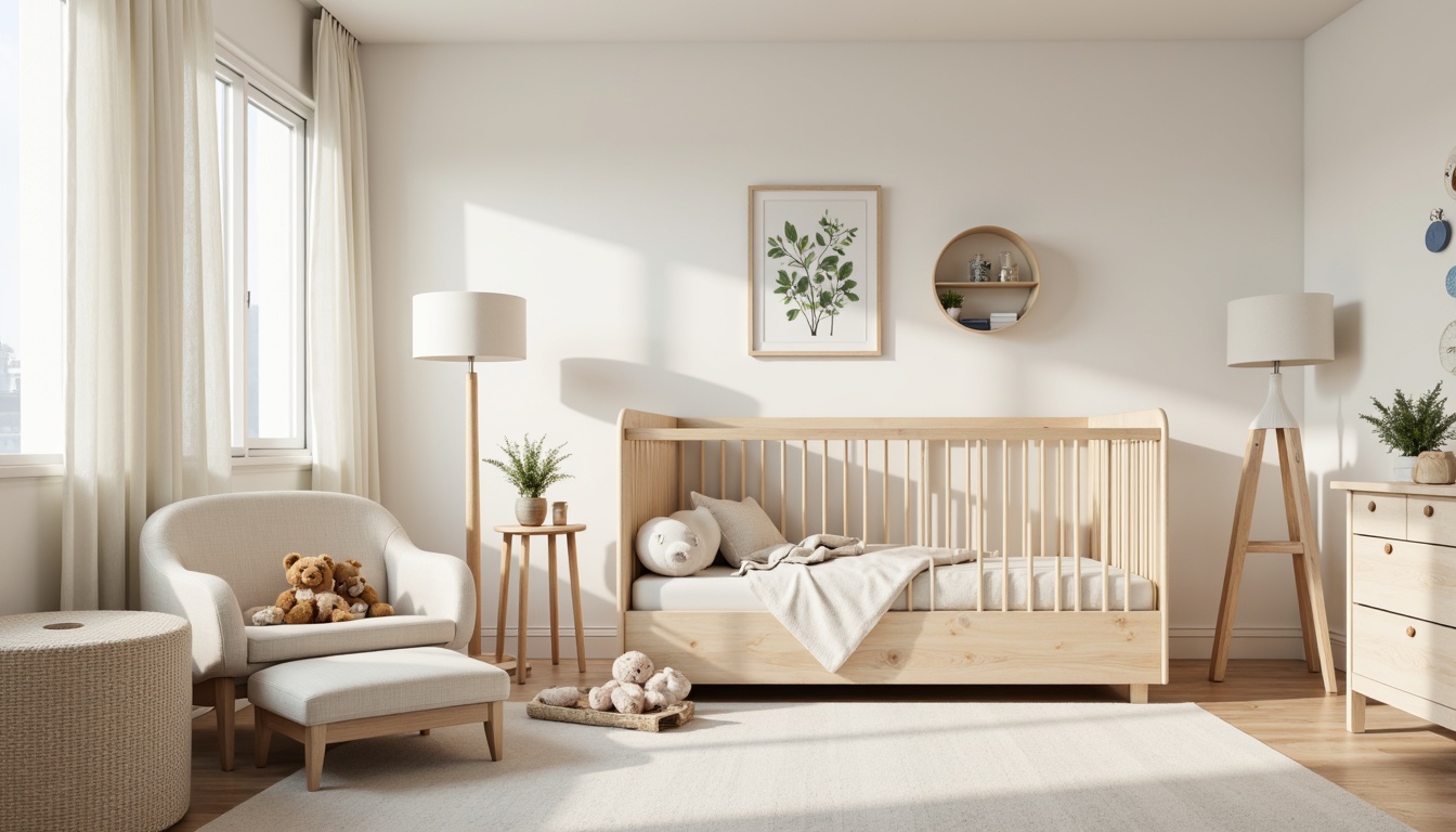 Prompt: Curved crib, smooth wooden surfaces, gentle pastel colors, soft fabrics, plush toys, minimalist decor, modern baby furniture, sleek lines, rounded edges, creamy whites, light grays, pale blues, warm beige, natural wood tones, subtle textures, cozy atmosphere, overhead lighting, floor lamps, sheer curtains, botanical prints, whimsical wall art, circular mirrors, oval-shaped decorative accents, calming ambiance, shallow depth of field, 1/1 composition, soft focus, realistic rendering.