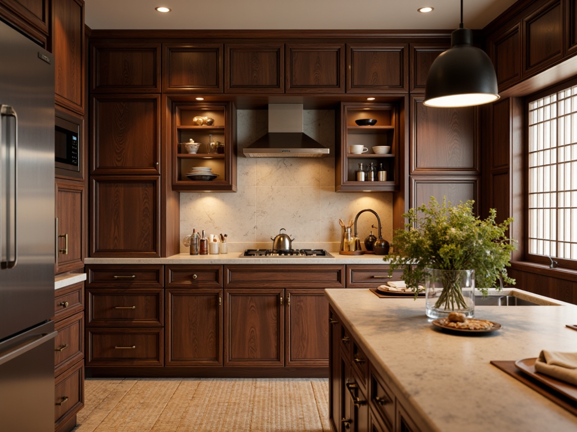 Prompt: Rich walnut cabinetry, ornate carvings, subtle gold accents, Asian-inspired hardware, sliding doors, soft-close drawers, warm LED lighting, natural stone countertops, earthy tone backsplashes, woven bamboo flooring, traditional Japanese shoji screens, minimalist decor, modern appliances, clever storage solutions, functional kitchen island, ample counter space, elegant faucet fixtures, serene ambiance, shallow depth of field, 1/1 composition, realistic textures.