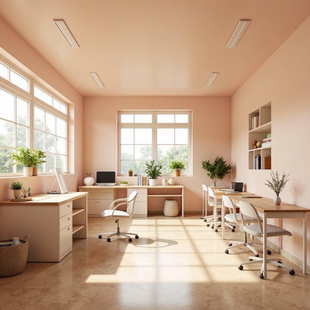 Prompt: Calming educational environment, pastel color palette, soft peach walls, creamy white furniture, warm beige floors, minimalist decor, simple shapes, clean lines, abundant natural light, airy open spaces, modern ergonomic chairs, wooden desks, greenery accents, subtle texture variations, gentle ambient lighting, shallow depth of field, 3/4 composition, panoramic view, realistic renderings.