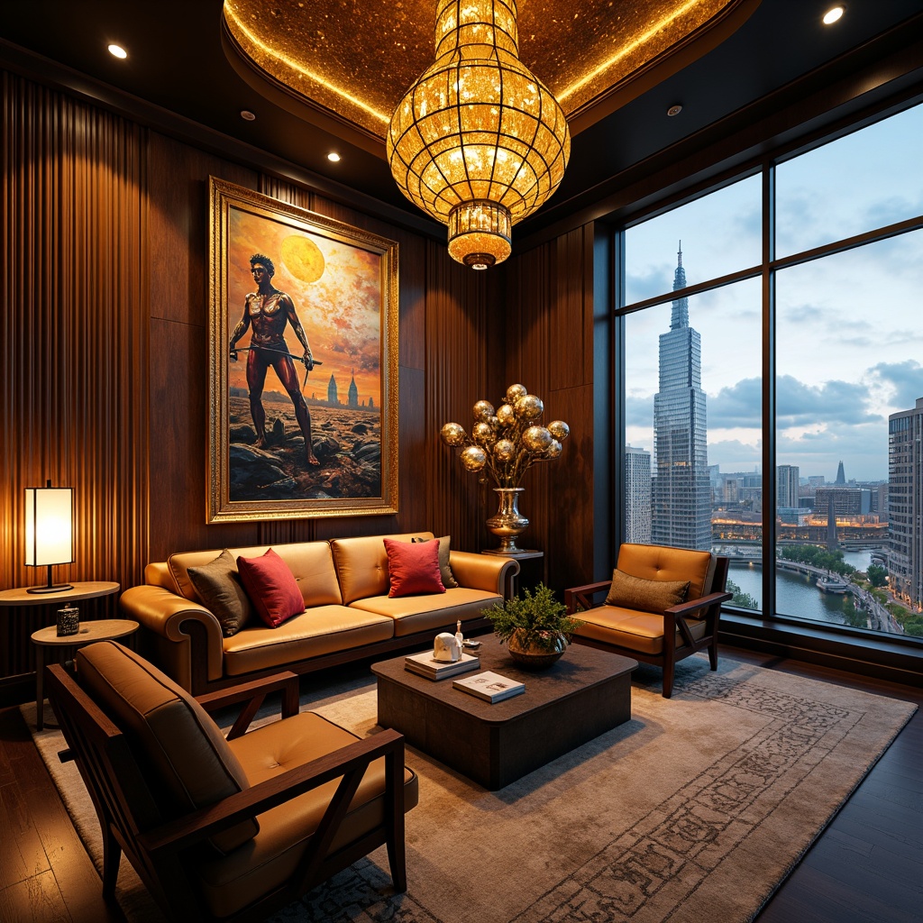 Prompt: Luxurious penthouse interior, expressionist artwork, dramatic lighting, warm golden tones, rich textures, lavish furnishings, ornate details, bold color palette, eclectic decor, abstract sculptures, oversized chandeliers, floor-to-ceiling windows, cityscape views, moody atmospheric lighting, high contrast ratios, cinematic composition, deep shadows, vivid accents, metallic reflections, opulent materials.