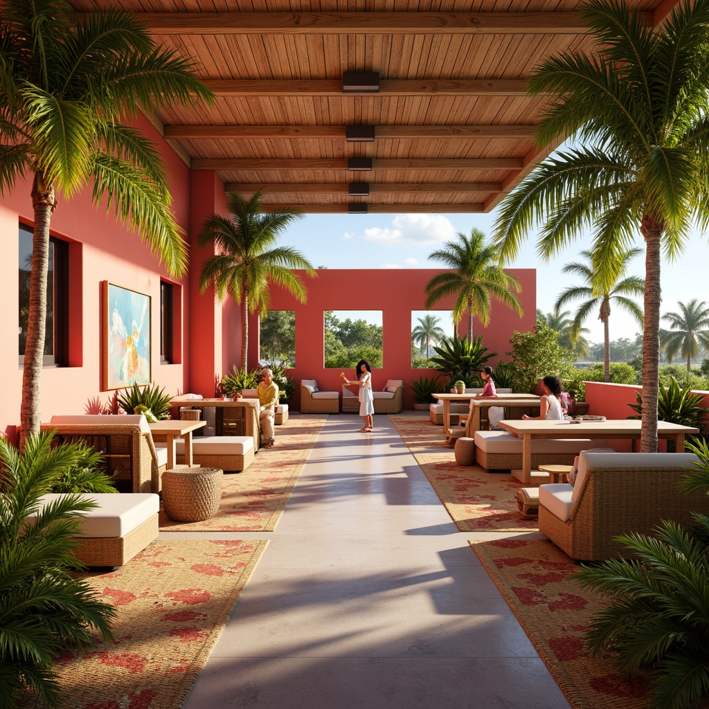 Prompt: Vibrant tropical colors, natural wood accents, woven rattan furniture, bright coral walls, lush greenery, palm trees, colorful tiki torches, warm sunny lighting, shallow depth of field, 1/1 composition, panoramic view, realistic textures, ambient occlusion, open spaces, collaborative learning areas, flexible seating arrangements, interactive whiteboards, educational technology integration, eco-friendly materials, sustainable design elements, bamboo flooring, woven bamboo shades, tropical patterned rugs, fun playful decorations.