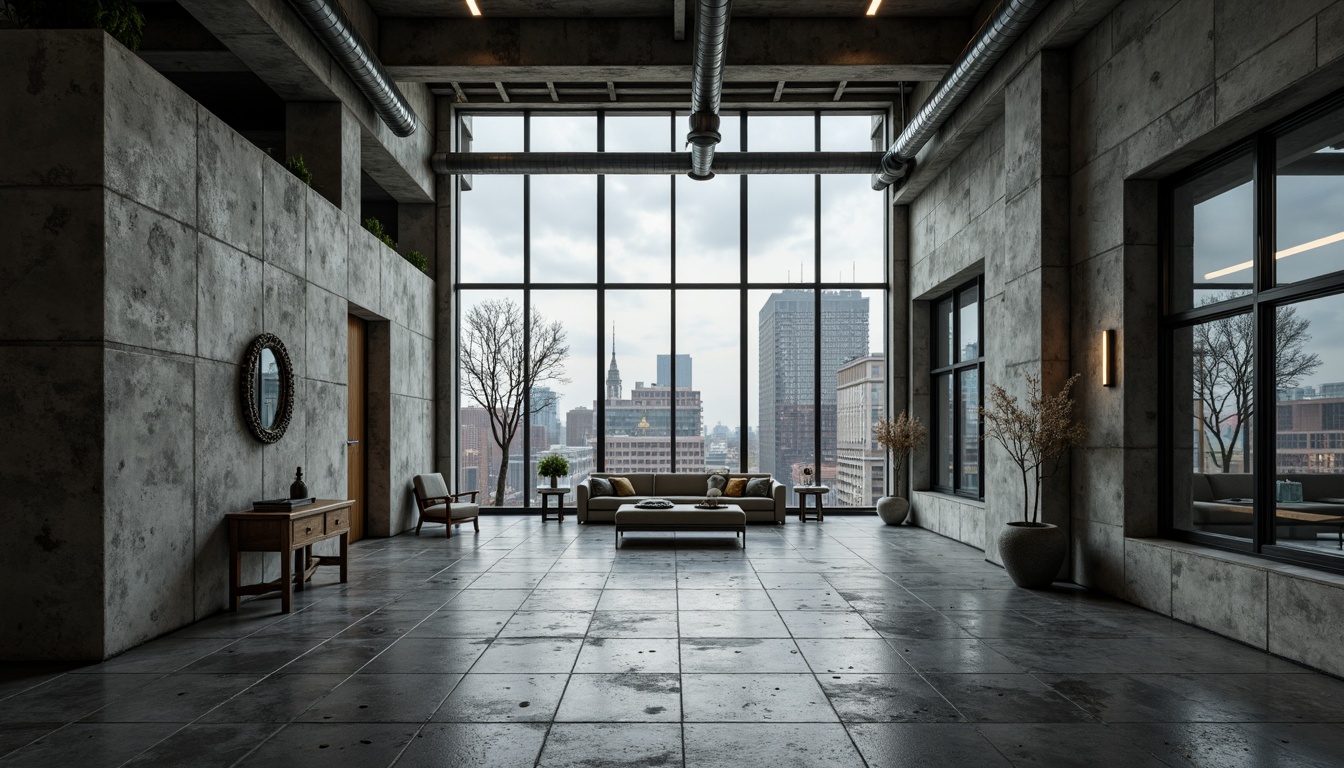 Prompt: Rugged concrete walls, raw brutalist architecture, industrial-style steel frames, massive glass windows, minimalist ornamentation, functional simplicity, harsh urban landscape, overcast sky, dramatic shadows, high-contrast lighting, gritty textures, brutalist-inspired furniture, exposed ductwork, unfinished ceilings, cold tone color palette, geometric shapes, 1/1 composition, symmetrical balance, stark realism, detailed normal maps.