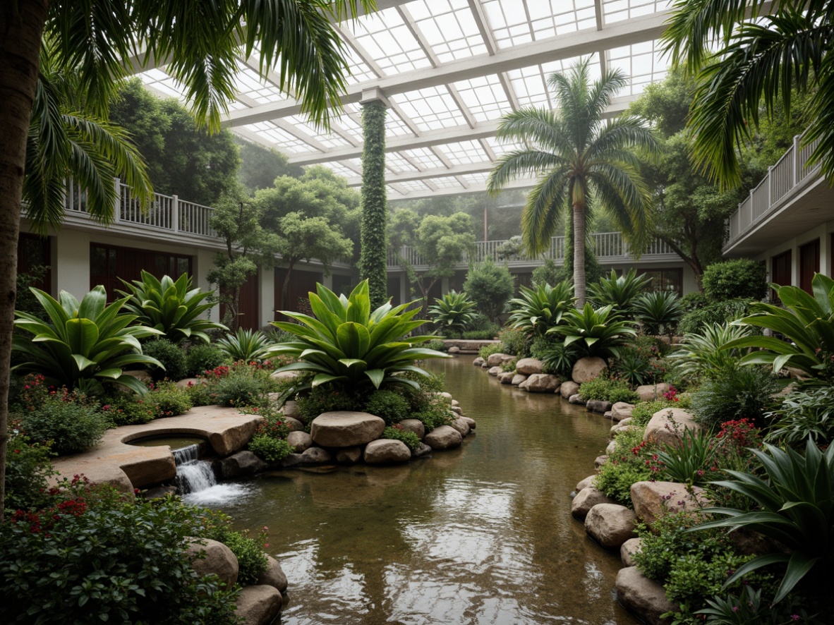 Prompt: Serene greenhouse interior, lush tropical plants, tranquil water features, small ponds, babbling brooks, gentle waterfalls, natural stone flooring, wooden trellises, warm soft lighting, misty atmosphere, 1/1 composition, shallow depth of field, realistic water textures, ambient occlusion, exotic flowers, green walls, organic shapes, earthy colors, calming ambiance.