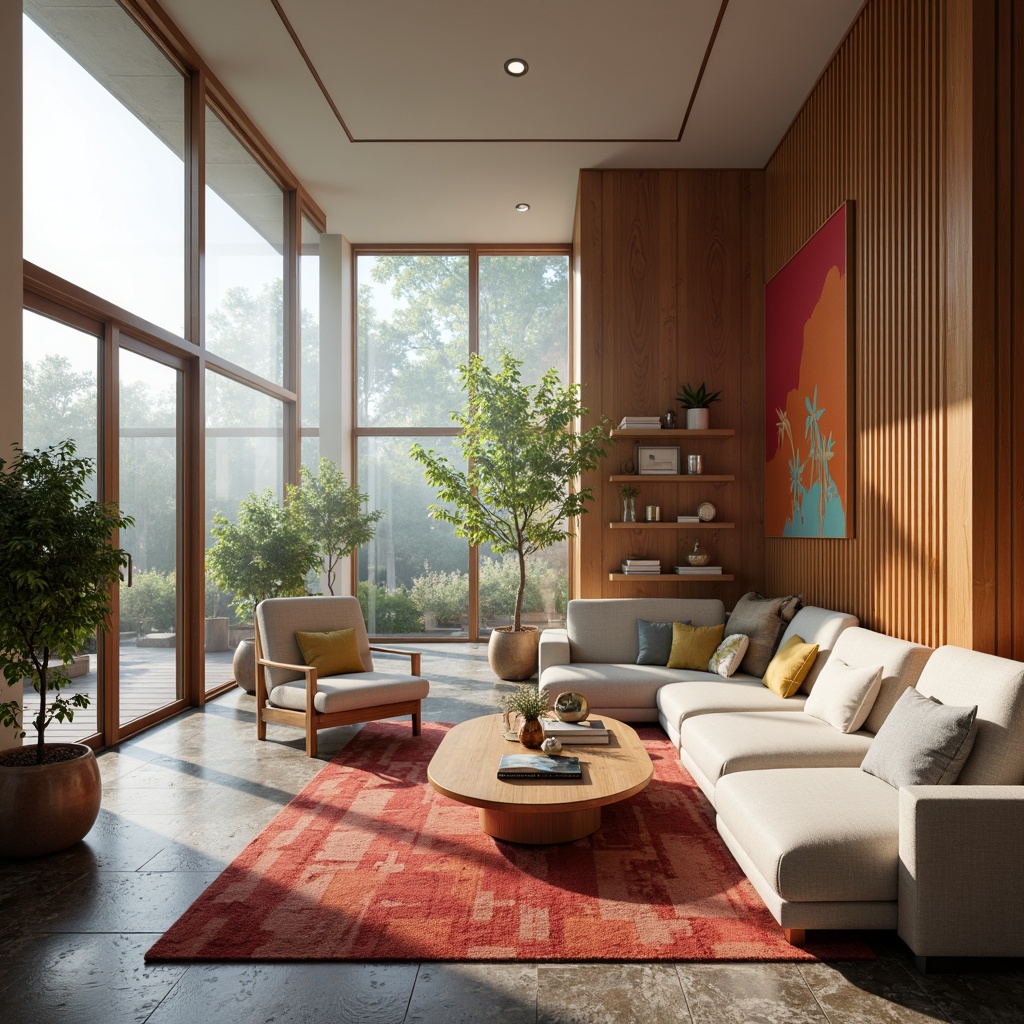 Prompt: Vibrant living room, bold accent walls, rich wood tones, creamy whites, soft pastel hues, metallic gold accents, plush velvet furniture, natural stone flooring, warm ambient lighting, cozy reading nooks, floor-to-ceiling windows, lush greenery views, atmospheric foggy mornings, 1/2 composition, shallow depth of field, soft focus effect.