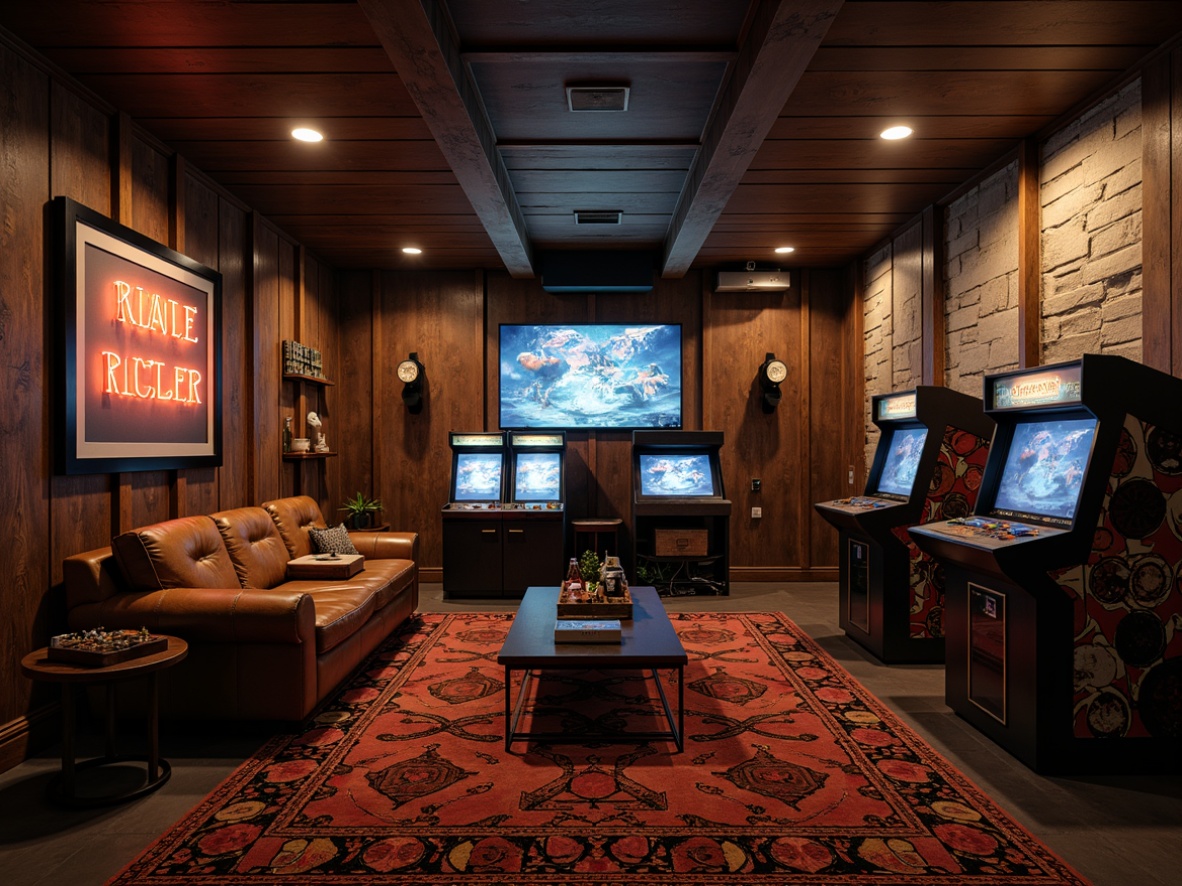 Prompt: Cozy game room, rustic wooden panels, worn leather couches, vintage gaming consoles, retro arcade machines, neon-lit signs, dimmable warm lighting, richly textured carpets, distressed stone walls, modern minimalist shelving, sleek metal accents, geometric patterned rugs, immersive virtual reality setup, 4K resolution displays, cinematic sound systems, atmospheric fog effects, shallow depth of field, realistic normal mapping, ambient occlusion.