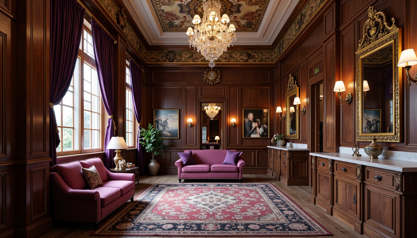 Prompt: Ornate mudroom furniture, rich velvet upholstery, golden gilded frames, intricately carved wooden panels, lavish crystal chandeliers, ornamental mirrors, plush area rugs, antique bronze hardware, regal purple accents, luxurious marble countertops, opulent drapery, grandiose architecture, majestic high ceilings, dramatic shadowing, warm ambient lighting, 1/1 composition, shallow depth of field, realistic textures.