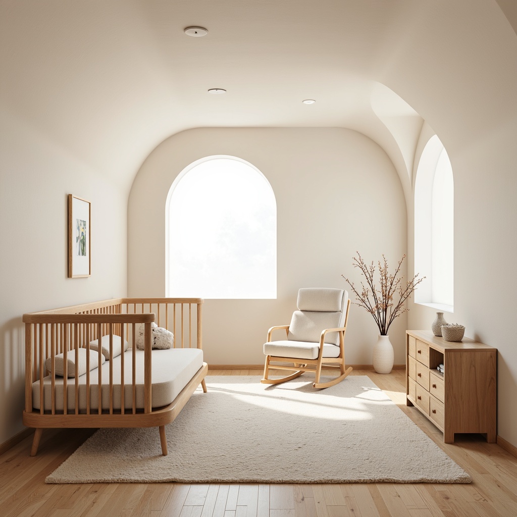 Prompt: Streamlined modern baby room, minimalist crib, curved lines, gentle pastel colors, smooth wooden textures, soft velvety fabrics, delicate lace details, round-edged furniture, ergonomic design, comfortable gliders, soothing cream walls, large windows, natural light, airy atmosphere, 1/1 composition, shallow depth of field, warm white lighting, subtle shadows, realistic wood grains, ambient occlusion.