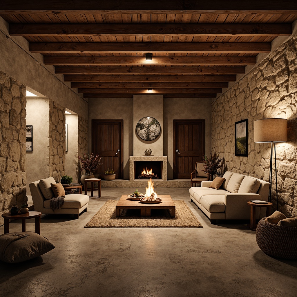 Prompt: Rustic basement, exposed wooden beams, distressed wood textures, earthy color palette, stone walls, rugged concrete floors, industrial metal lighting, cozy atmosphere, warm fire pit, plush furniture, vintage decorative items, natural materials, organic shapes, soft warm lighting, shallow depth of field, 3/4 composition, panoramic view, realistic textures, ambient occlusion.