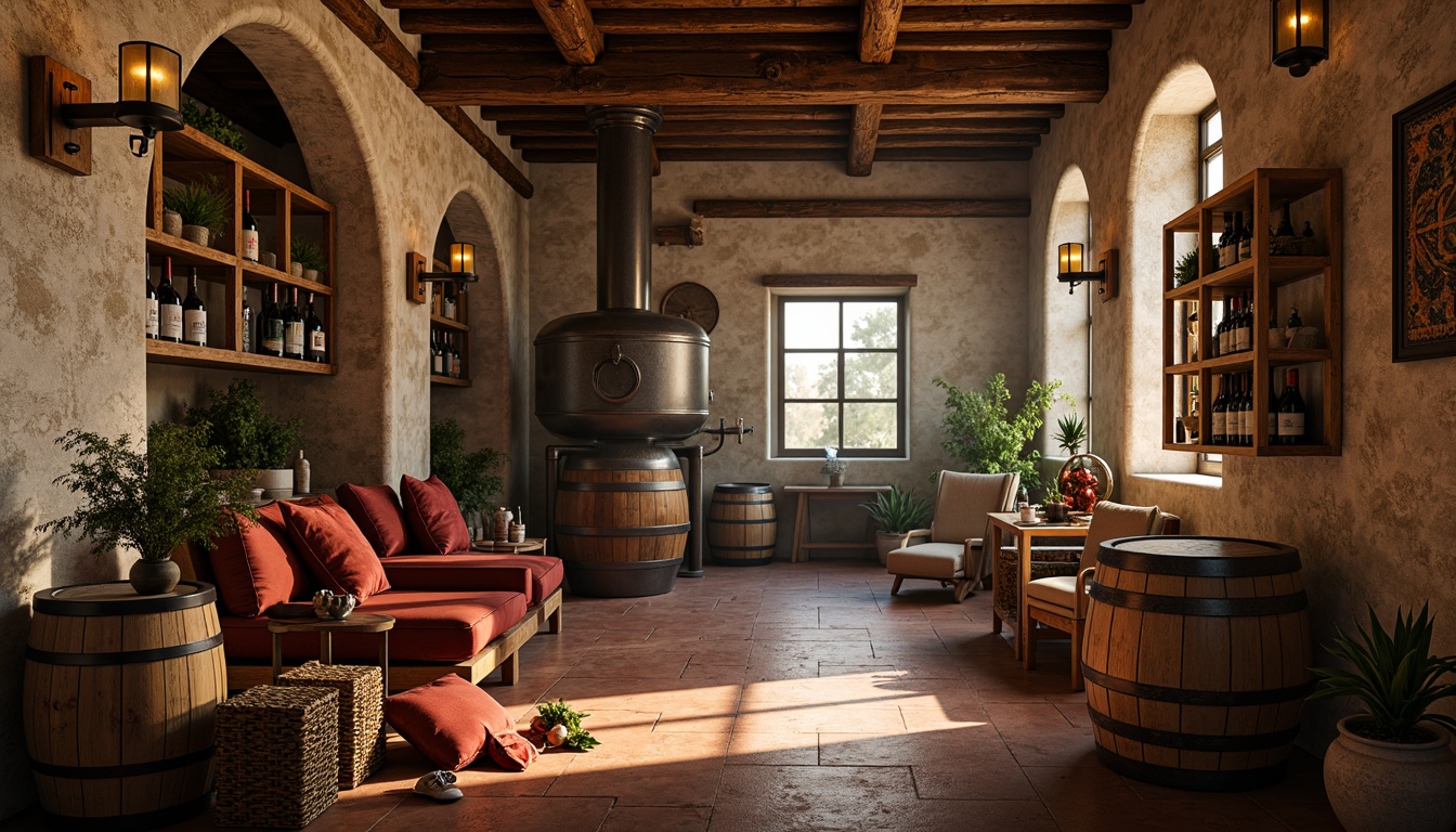 Prompt: Earthy winery interior, rustic wooden barrels, vintage wine-making equipment, stone walls, warm terracotta flooring, rich wood accents, soft candle lighting, earthy color palette, muted greens, weathered reds, deep burgundies, creamy whites, natural textures, woven baskets, distressed leather furniture, ornate metal fixtures, ambient warm glow, shallow depth of field, 1/1 composition, realistic renderings, atmospheric misting effects.