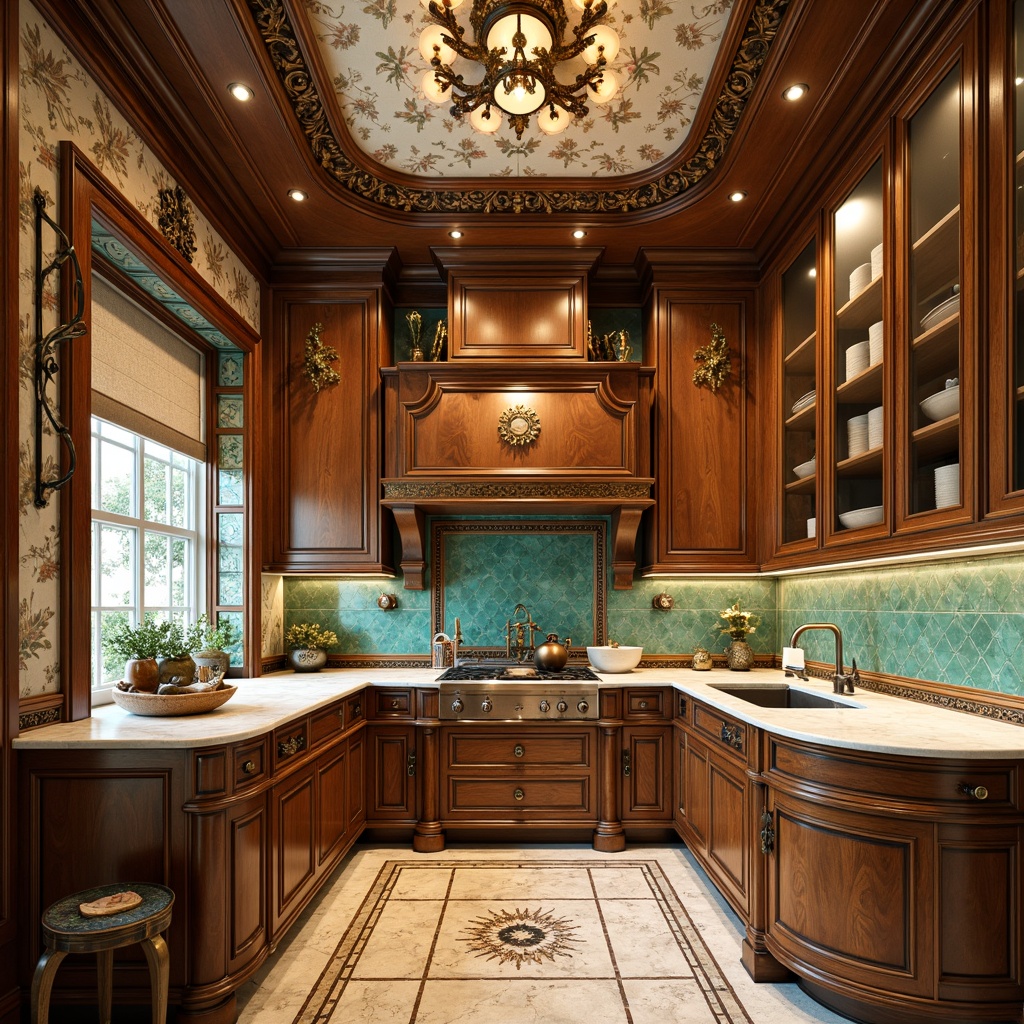 Prompt: Intricate kitchen, ornate wooden cabinets, curved lines, flowing organic shapes, sinuous metal handles, luxurious marble countertops, vibrant turquoise accents, warm golden lighting, richly patterned ceramic tiles, elegant pendant lamps, soft creamy colors, ornamental botanical motifs, hand-painted frescoes, distressed finishes, antique bronze hardware, eclectic mix of vintage and modern elements, shallow depth of field, 1/1 composition, realistic textures, ambient occlusion.