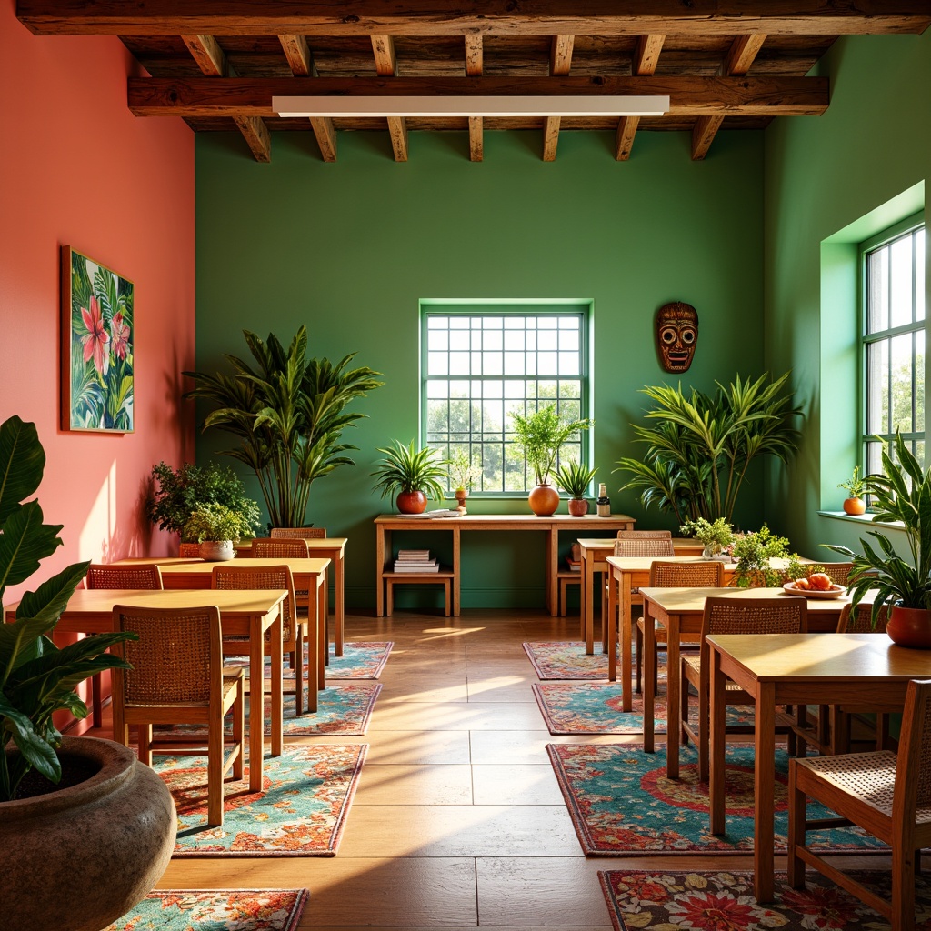 Prompt: Vibrant tropical classroom, bright coral walls, lush green accents, warm wooden desks, woven rattan chairs, natural fiber rugs, colorful tiki masks, exotic floral patterns, sunny yellow highlights, soft ocean breeze lighting, 3/4 composition, shallow depth of field, realistic textures, ambient occlusion.