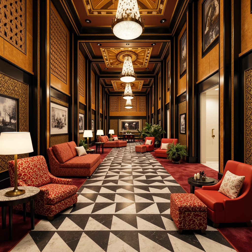 Prompt: Luxurious Art Deco interior, rich velvet fabrics, ornate geometric patterns, metallic accents, lavish furnishings, opulent chandeliers, warm golden lighting, intricately carved wooden panels, soft plush carpets, vibrant colorful upholstery, bold black and white contrasts, symmetrical compositions, ornate mirrors, metallic leaf motifs, sunburst designs, elegant curves, luxurious marble floors, sophisticated ambiance, cozy reading nooks, intimate conversational areas, warm beige tones, inviting textures.