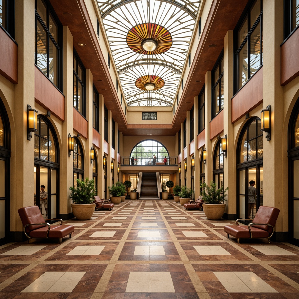 Prompt: Opulent bus station, Art Deco architecture, geometric patterns, metallic accents, luxurious seating, curved lines, ornate mirrors, marble floors, chrome fixtures, vibrant color schemes, sunburst motifs, zigzag patterns, stained glass ceilings, grand staircases, monumental columns, ambient lighting, warm beige tones, 1/1 composition, realistic reflections, soft focus blur.