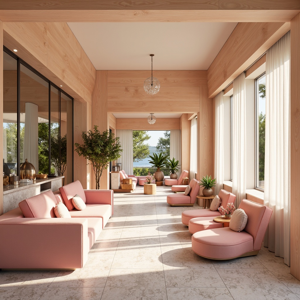 Prompt: Vibrant modern interior, pastel hues, soft peach tones, creamy whites, rich wood accents, luxurious velvet fabrics, metallic gold details, elegant marble countertops, sleek glass surfaces, natural light pouring in, airy atmosphere, shallow depth of field, 1/1 composition, warm and inviting ambiance.