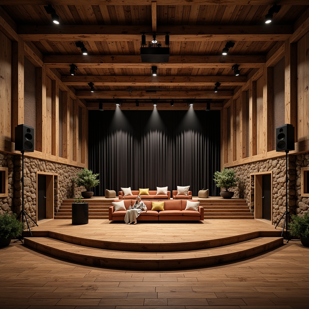 Prompt: Rustic farmhouse theater, reclaimed wood accents, vintage metal lighting, earthy color palette, natural textiles, plush seating, raised stage platform, professional sound equipment, acoustic panels, soundproofing materials, wooden floorboards, stone walls, cozy intimate atmosphere, warm soft lighting, dramatic spotlights, 3/4 composition, cinematic camera angles, realistic textures, ambient occlusion.