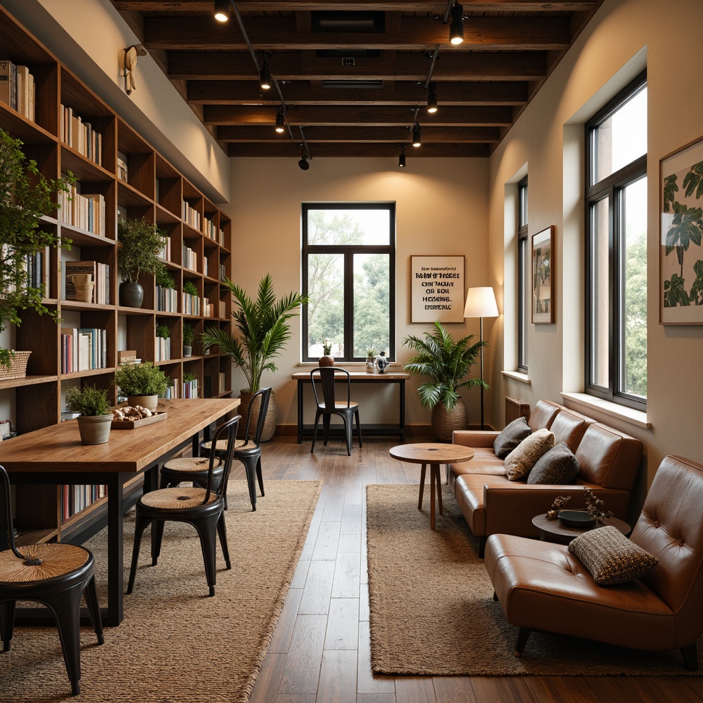 Prompt: Rustic wooden tables, vintage metal chairs, earthy tone sofas, distressed leather armchairs, reclaimed wood shelving units, industrial-style lighting fixtures, natural fiber rugs, woven basket storage, botanical prints, motivational quotes, warm beige walls, comfortable reading nooks, cozy corners, soft cushioning, calming color schemes, minimalist decor, functional workstations, ergonomic desks, adjustable chairs, adequate task lighting, inspirational artwork, nature-inspired accents, serene atmosphere, shallow depth of field, 1/1 composition, realistic textures, ambient occlusion.