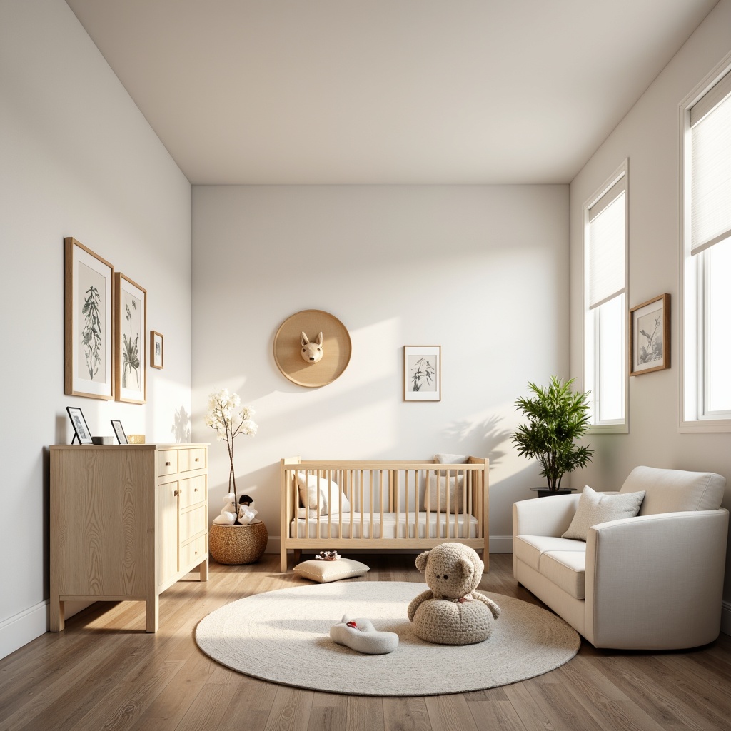 Prompt: Sleek modern nursery, soft pastel hues, calming whites, creamy ivories, gentle grays, warm beige accents, minimalist furniture, curved lines, rounded shapes, subtle textures, natural wood tones, softbox lighting, cozy reading nook, plush area rug, abstract geometric patterns, whimsical illustrations, soothing ambient colors, airy spacious feel, shallow depth of field, 1/1 composition, bright morning light, gentle warm glow.